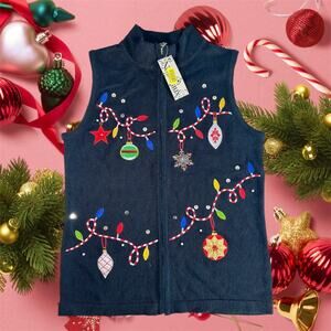 Nouveaux NWT Women's Medium Black Full Zip Christmas Ornament Vest Embellished